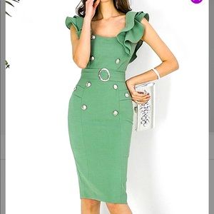 Green Ruffle Sleeve Bodycon Dress